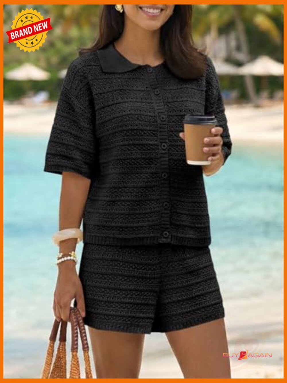 Women's 2 Piece Crochet Beach Cover Up Set Cardigan & Shorts - Picture 3 of 7